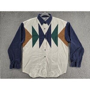 Vintage Adobe Rose Shirt Mens Large Blue Brown Southwestern Aztec Cotton 90s